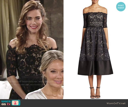 ML Monique Lhuillier Off Shoulder Lace Cocktail Dress worn by Victoria Newman (Amelia Heinle) on The Young and the Restless