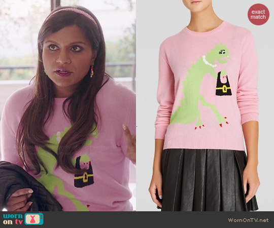 Moschino Cheap & Chic Dinosaur with Bag Graphic Cashmere Sweater worn by Mindy Kaling on The Mindy Project