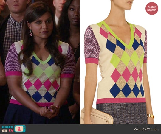 Moschino Cheap & Chic Metallic Argyle Sweater worn by Mindy Kaling on The Mindy Project