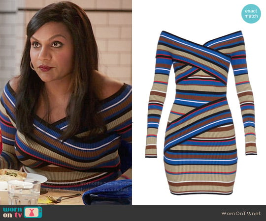 MSGM Off-the-shoulder Striped Sweater Dress worn by Mindy Lahiri (Mindy Kaling) on The Mindy Project