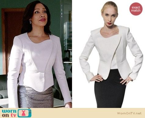 Mugler Cotton Faille Asymmetric Jacket worn by Gina Torres on Suits