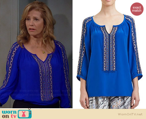 Nanette Lepore Vagabond Top in Azul worn by Nancy Travis on Last Man Standing