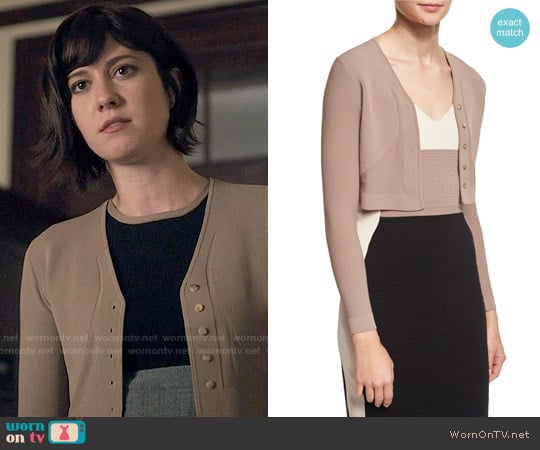 Narciso Rodriguez Button-Front Cropped Cardigan worn by Laurel Healy (Mary Elizabeth Winstead) on BrainDead