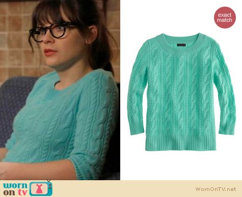 New Girl Fashion: J. Crew pale turquoise cashmere cable sweater worn by Zooey Deschanel