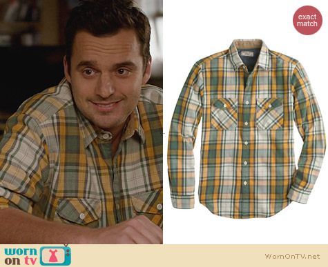 New Girl Fashion: J. Crew Heavyweight flannel shirt in bronzed sun plaid worn by Jake Johnson