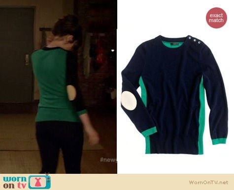 New Girl Fashion: J. Crew Dream colorblock elbow-patch sweater worn by Zooey Deschanel