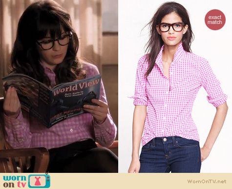 New Girl Fashion: J. Crew Perfect shirt in mini gingham in pink worn by Zooey Deschanel