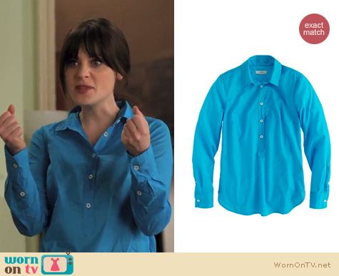 New Girl Fashion: J. Crew Indian voile popover shirt in pagoda blue worn by Zooey Deschanel