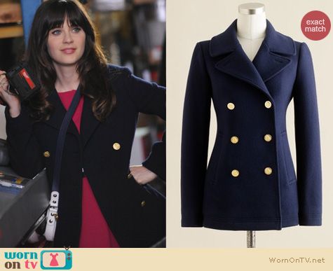 New Girl Fashion: J. Crew Majesty Pea Coat in navy worn by Zooey Deschanel