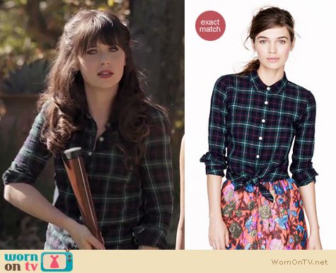 New Girl Fashion: J. Crew black watch plaid shirt worn by Zooey Deschanel