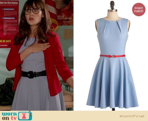 New Girl Fashion: Modcloth Luck be a lady dress in powder blue worn by Zooey Deschanel