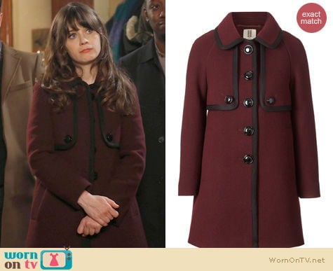 New Girl Fashion: Orla Kiely burgundy coat worn by Zooey Deschanel