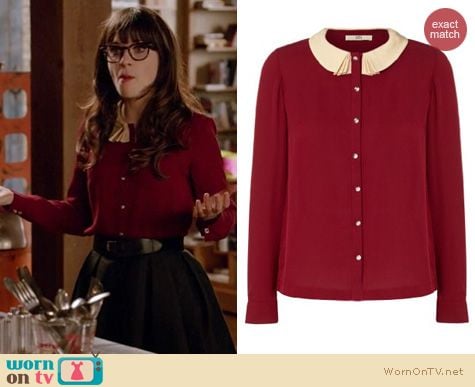 New Girl Fashion: Orla Kiely crepe pleated collar blouse worn by Zooey Deschanel