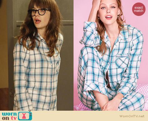 New Girl Fashion: Victoria's Secret Mint Metallic Plaid Pajamas worn by Zooey Deschanel