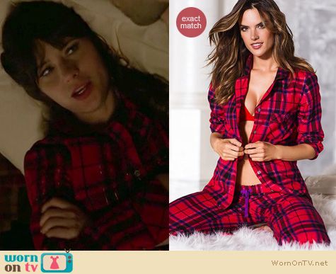 New Girl Fashion: Victorias Secret Dreamer Flannel Pajama in red lurex plaid worn by Zooey Deschanel