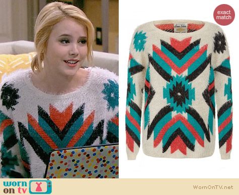 New Look Parisian Turquoise and Coral Aztec Fluffy Jumper worn by Taylor Sprietler on Melissa & Joey