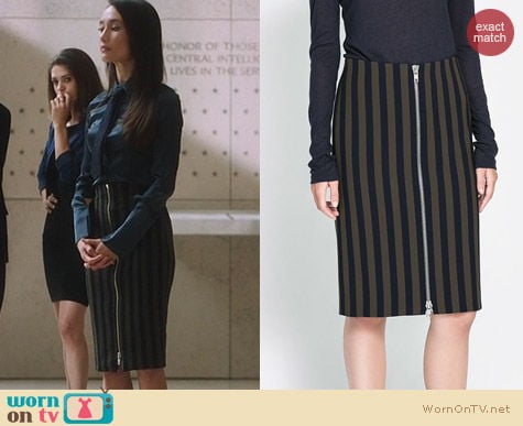 Fashion of Nikita: Zara Striped Sheath Skirt worn by Maggie Q