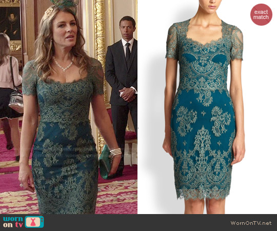 Notte by Marchesa Lace Dress worn by Queen Helena (Elizabeth Hurley) on The Royals