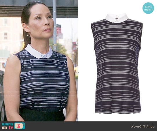 O'2nd Sheer Sleeveless Striped Collar Shirt worn by Joan Watson (Lucy Liu) on Elementary