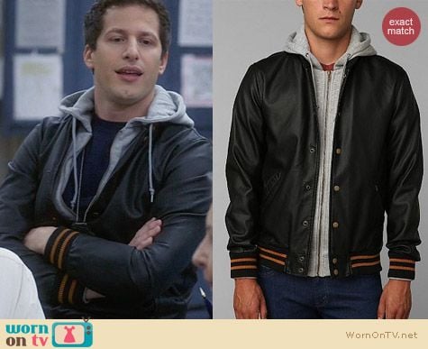 Obey Faux Leather Varsity Jacket worn by Andy Samberg on Brooklyn 99