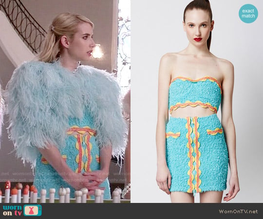 Moschino Fuzzy Ribbon Detail Crop Top and Skirt worn by Chanel Oberlin (Emma Roberts) on Scream Queens