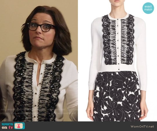 Oscar de la Renta Hand Beaded Lace Trim Wool & Silk Cardigan worn by Selina Meyer (Julia Louis-Dreyfus) on Veep