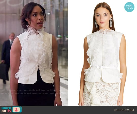 Oscar de la Renta Ivory Organza & Lace Ruffle Detail Silk Faille Vest worn by Jessica Pearson (Gina Torres) on Suits