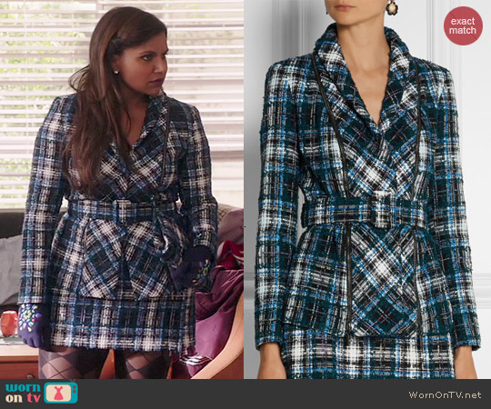 Oscar de la Renta Belted Cotton Blend Tweed Jacket worn by Mindy Kaling on The Mindy Project