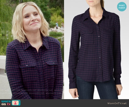 Paige 'Trudy' Shirt in Kinsley Velvet Plum / Dark Shadow worn by Eleanor Shellstrop (Kristen Bell) on The Good Place