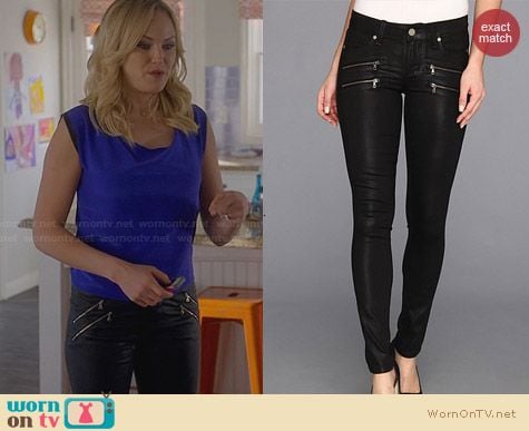 Paige Edgemont Skinny Jeans in Black Silk Coating worn by Malin Akerman on Trohpy Wife