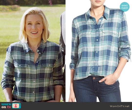 Paige Denim Trudy Shirt in Blue Teal/ Trellis worn by Eleanor Shellstrop (Kristen Bell) on The Good Place