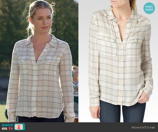 Paige 'Trudy' Shirt in True Blush & Sea Moss worn by Eve Baird (Rebecca Romijn) on The Librarians