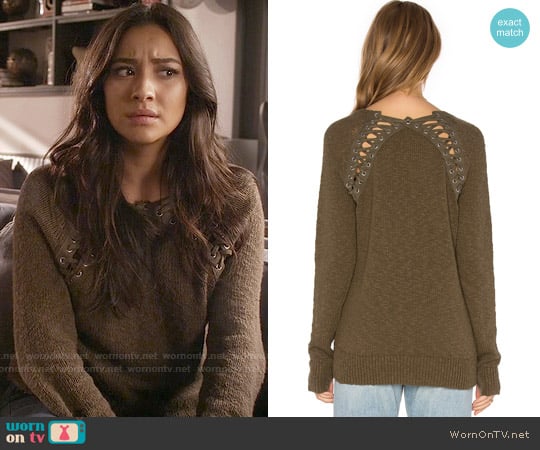 Pam & Gela Lace Back Sweater worn by Emily Fields (Shay Mitchell) on Pretty Little Liars