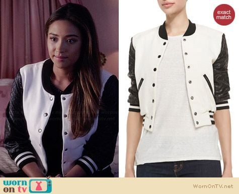 Pam & Gela Letterman Style Jacket with Quilted Sleeves worn by Shay Mitchell on PLL