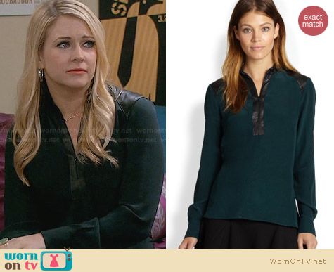 Parker Leather Trimmed Blouse in Everglade worn by Melissa Joan Hart on Melissa & Joey