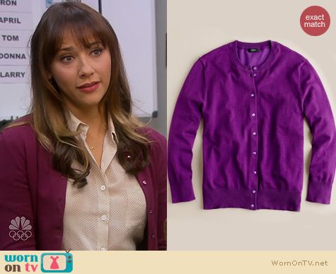 Parks & Rec Fashion: J. Crew Jackie Cardigan in Fiesta Purple worn by Rashida Jones