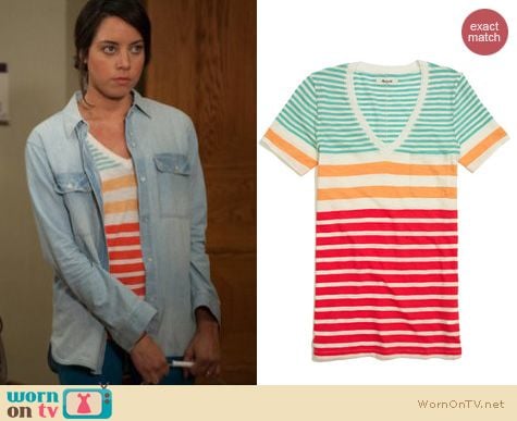 Parks & Rec Fashion: Madewell v-neck pocket tee in stripe worn by Aubrey Plaza