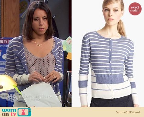 Parks and Rec Fashion: Band of Outsiders blue striped cardigan worn by Aubrey Plaza