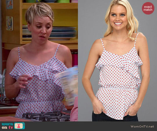 Patterson J Kincaid Lois Lane Polka Dot Ruffle Tank worn by Kaley Cuoco on The Big Bang Theory