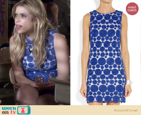 PLL Fashion: Alice and Olivia Blue Dot Lace shift dress worn by Ashley Benson