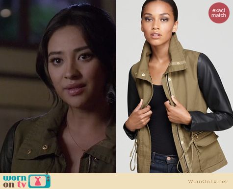 PLL Fashion: Aqua Army jacket with faux leather sleeves worn by Shay Mitchell