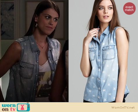 PLL Fashion: Aqua Skull print chambray sleeveless shirt worn by Lindsey Shaw