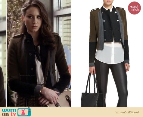 PLL Fashion: BCBGMAXAZRIA Royce colorblock jacket worn by Troian Bellisario