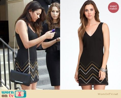 PLL Fashion: Bebe cutout back beaded dress worn by Shay Mitchell