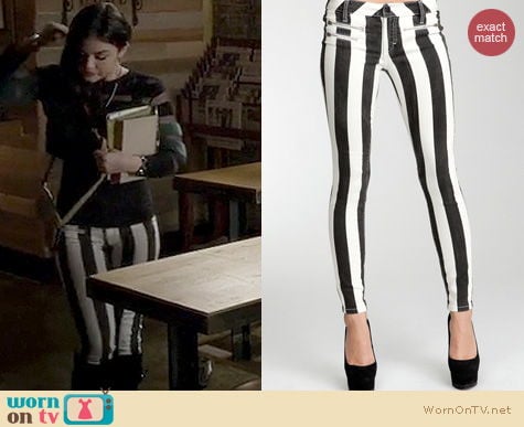 PLL Fashion: Bebe Striped Multi zip jeans worn by Lucy Hale