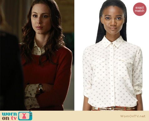 PLL Fashion: Club Monaco Crossed Swords Topaz Silk Shirt worn by Troian Bellisario