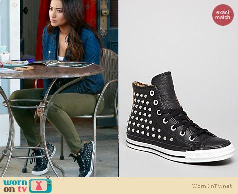 PLL Fashion: Converse All stars leather high top studded shoes worn by Shay Mitchell