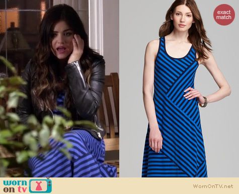 PLL Fashion: DKNY Blue Striped Racer Back Maxi Dress worn by Lucy Hale