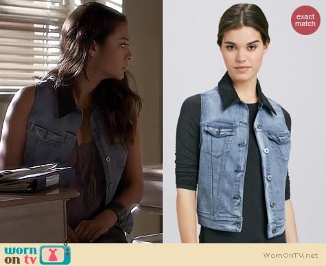 PLL Fashion: 1961 Rizzo rush leather collar denim vest worn by Shay Mitchell