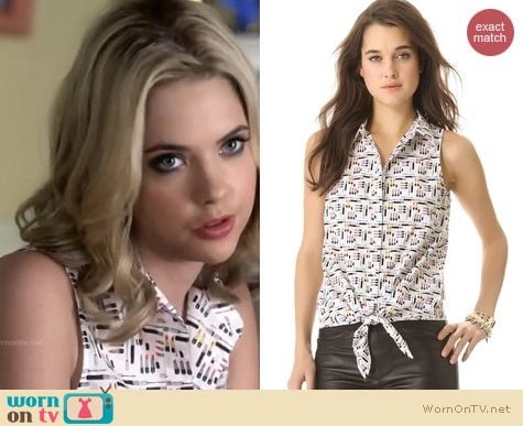 PLL Fashion: Equipment Mina blouse in makeup print worn by Ashley Benson